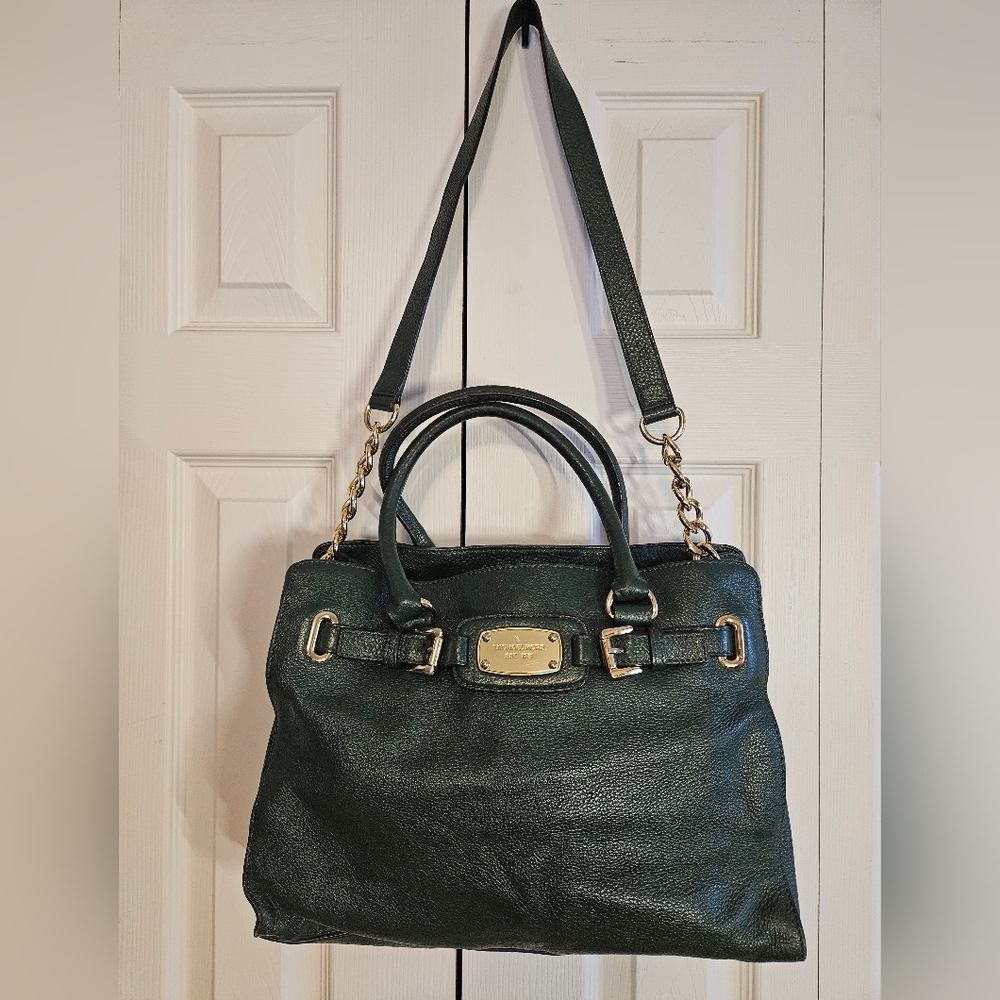 Michael Kors Dark Green Leather Satchel with Gold Hardware